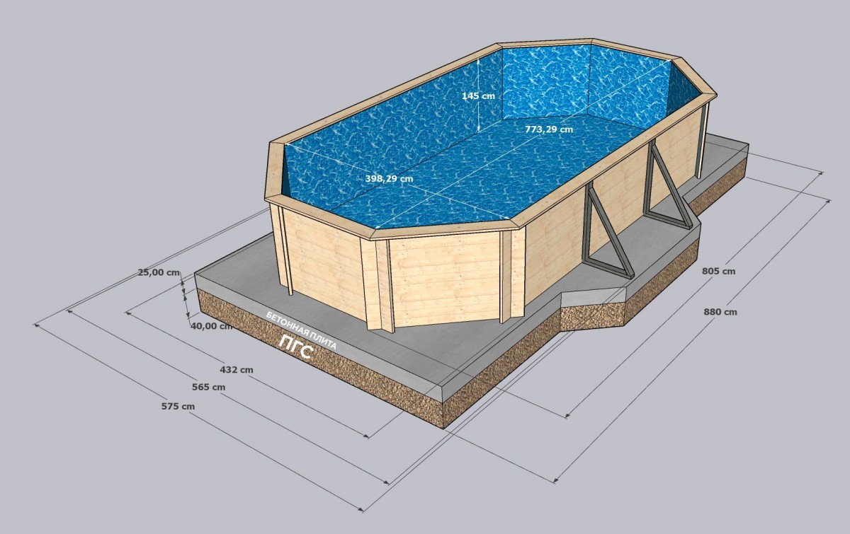 Деревянный сборный бассейн 770 х 400 см "Байкал-3" от Кристалл глубиной 115 см, овальный морозоустойчивый